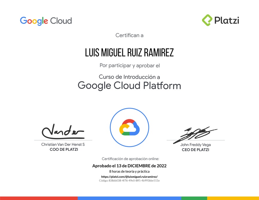 Diploma del Curso de Introducción a Google Cloud Platform