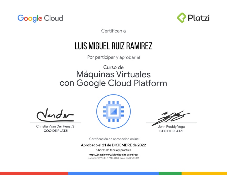 Diploma del Curso de Máquinas Virtuales con Google Cloud Platform