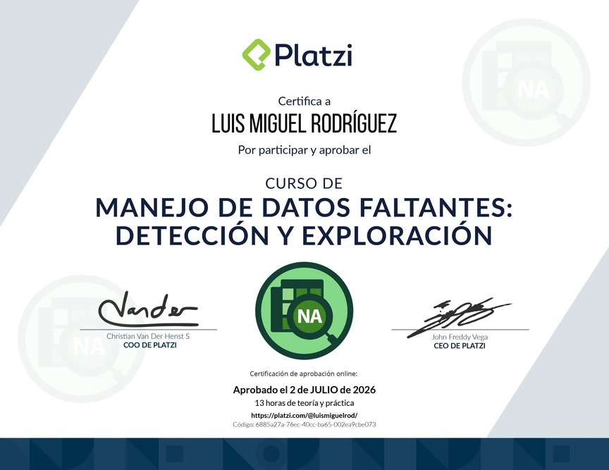 Diploma del Curso de Manejo de Datos Faltantes: Detección y Exploración