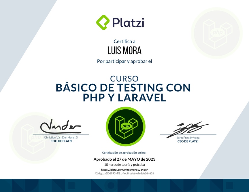 Diploma del Curso Básico de Testing con PHP y Laravel