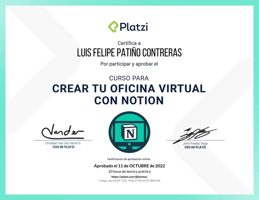 Diploma del Curso para Crear tu Oficina Virtual con Notion