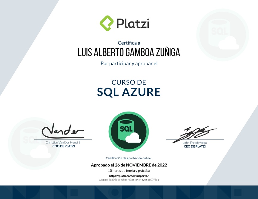 Diploma del Curso de SQL en Azure