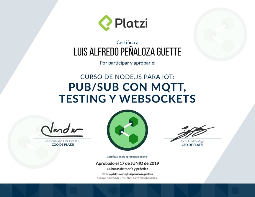 Diploma del Curso de Node.js para IoT: Pub/Sub con MQTT, Testing y WebSockets