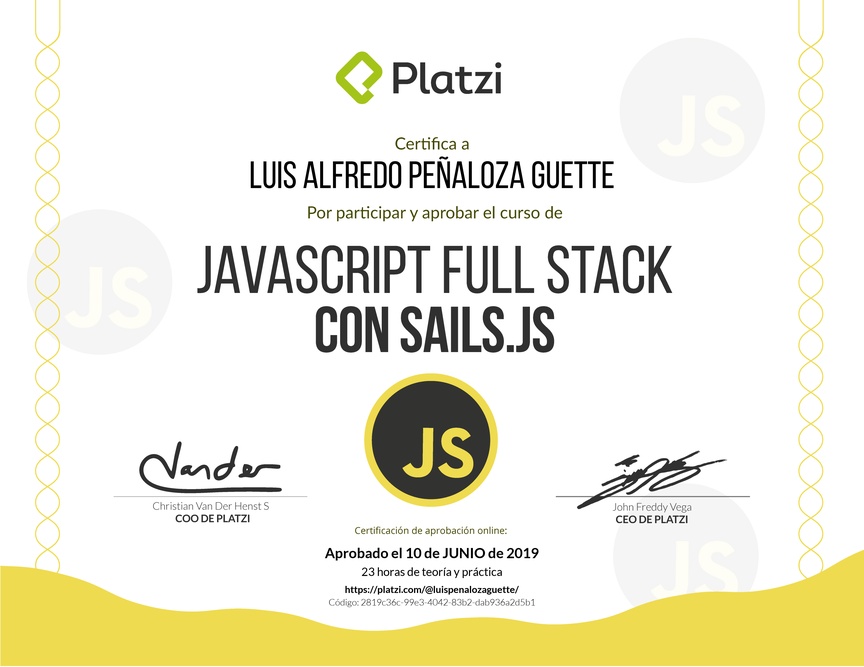 Diploma del Curso de JavaScript Full Stack con Sails.js
