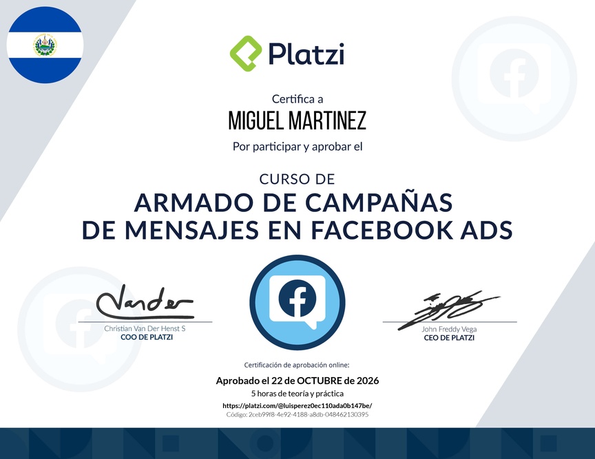 Diploma del Curso de Campañas de Mensaje en Facebook Ads
