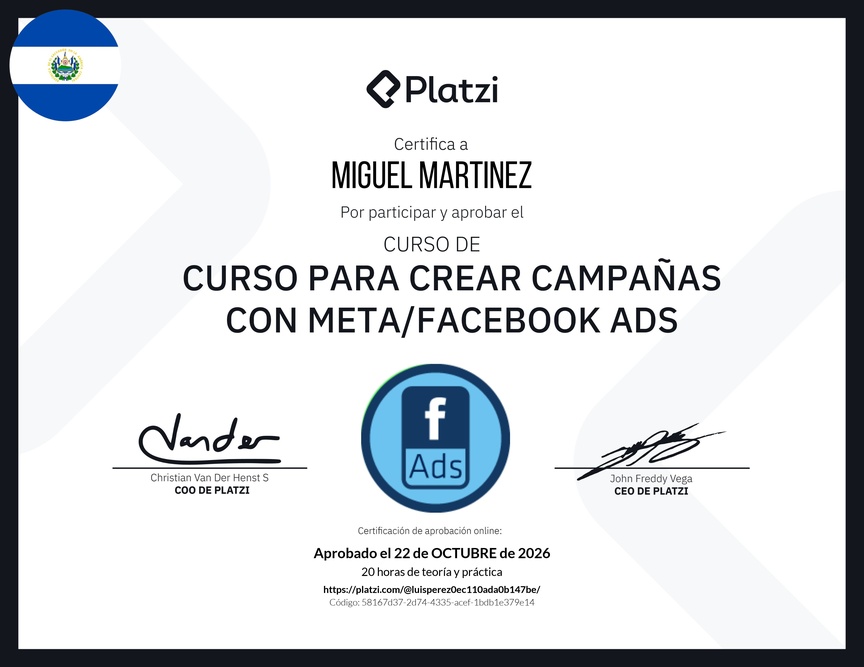 Diploma del Curso para Crear Campañas con Meta/Facebook Ads