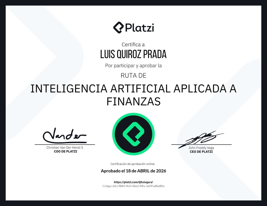 Diploma de la Ruta de Aprendizaje de Inteligencia Artificial Aplicada a Finanzas
