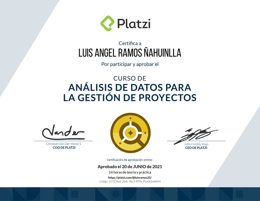 Diploma del Curso de Análisis de Datos para la Gestión de Proyectos