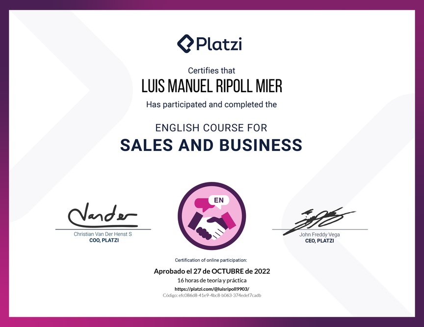 Diploma del Curso para Ventas y Negocios en Inglés (2020)