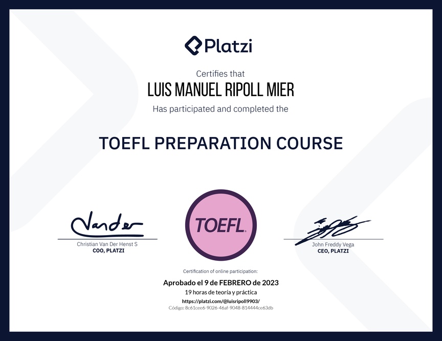 Diploma del Curso de Inglés para Preparación para TOEFL (2020)