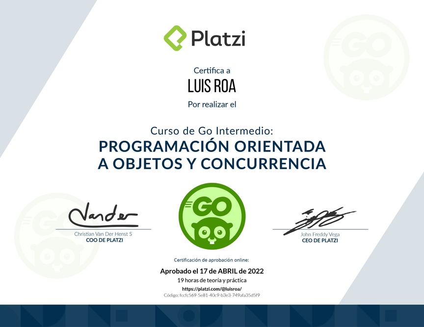 Diploma del Curso de Go Intermedio: Programación Orientada a Objetos y Concurrencia