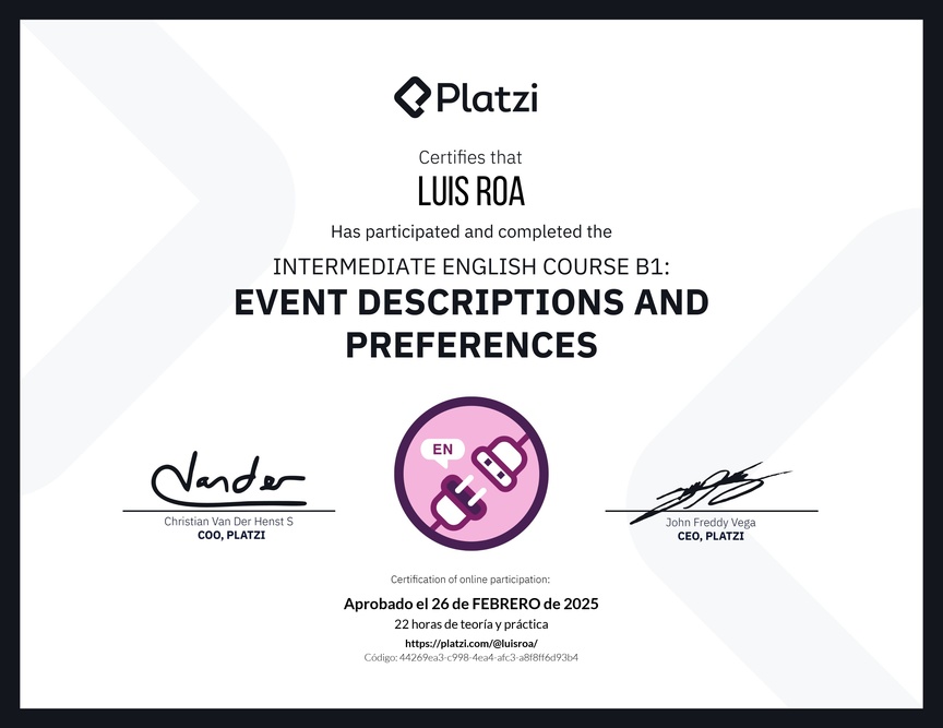 Diploma del Curso de Inglés Intermedio B1: Descripción de Eventos y Preferencias