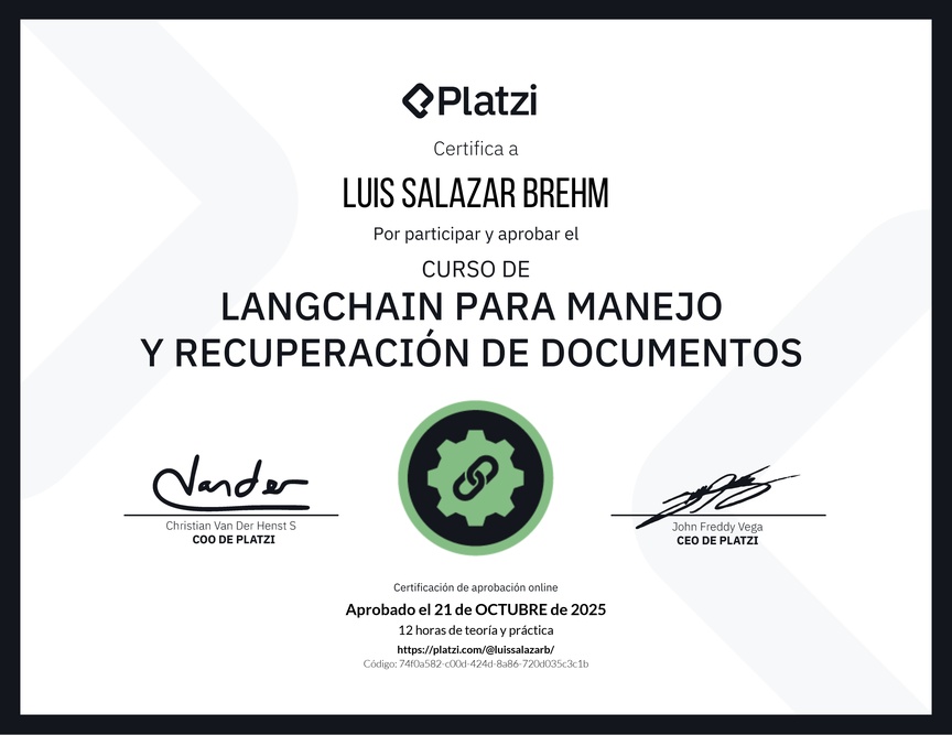 Diploma del Curso de LangChain para Manejo y Recuperación de Documentos