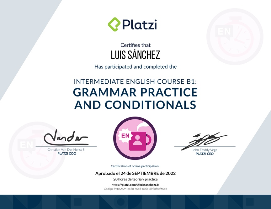 Diploma del Curso de Inglés Intermedio B1: Práctica Gramatical y Condicionales (2021)
