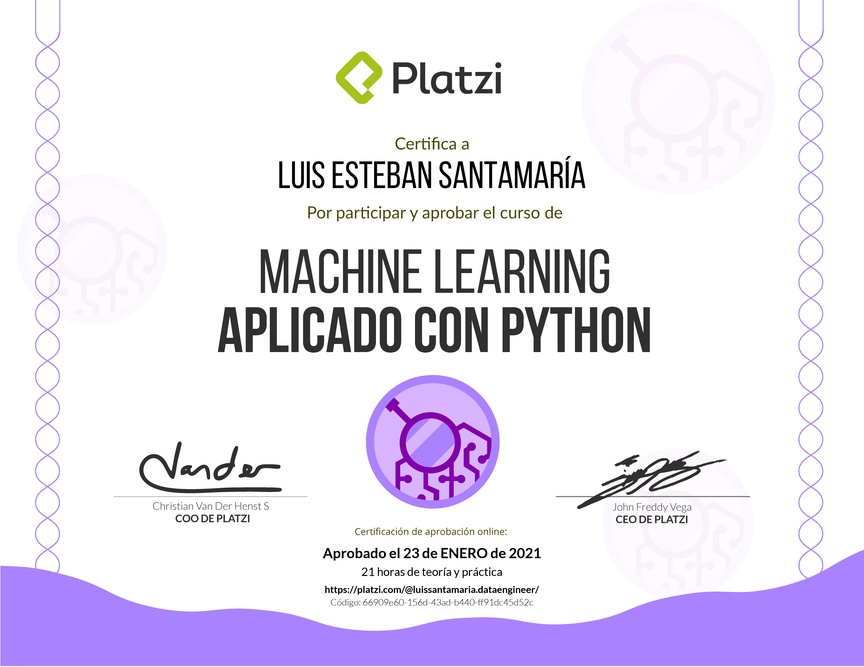 Diploma del Curso de Machine Learning Aplicado con Python