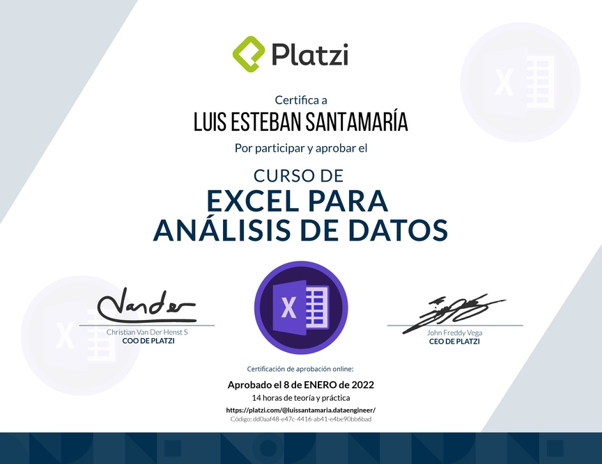 Diploma del Curso de Excel para el Análisis de Datos