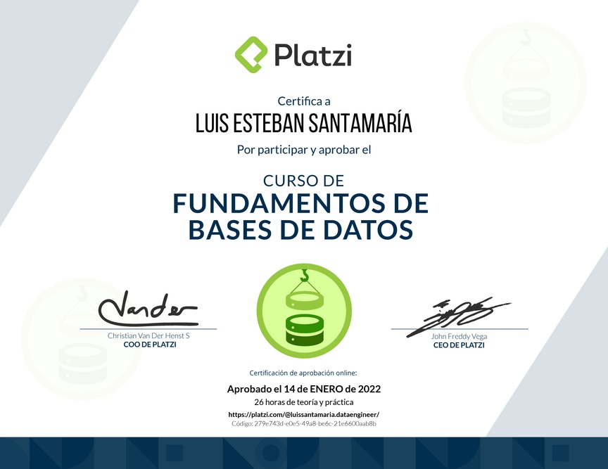 Diploma del Curso de Fundamentos de Bases de Datos 2019