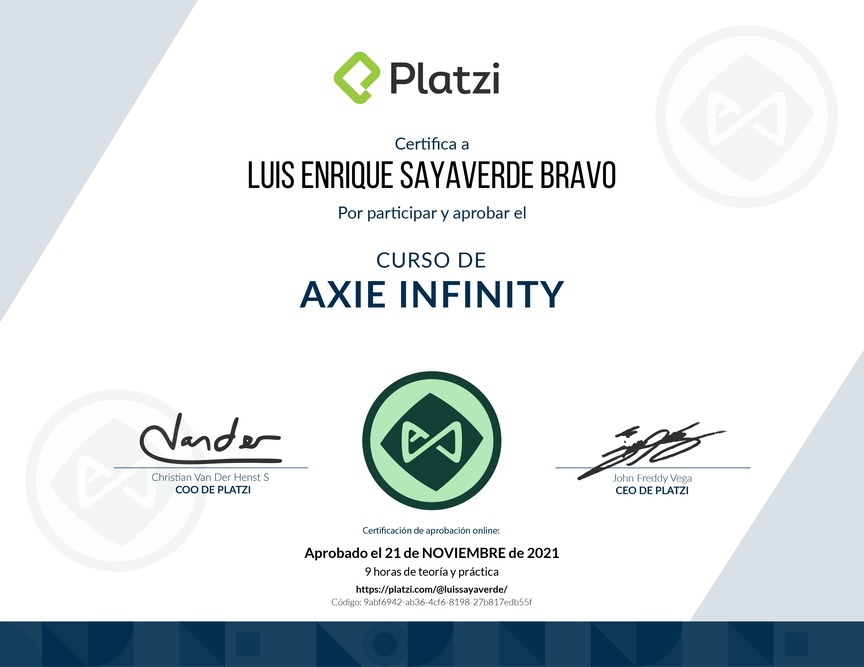 Diploma del Curso de Introducción a Axie Infinity 2021