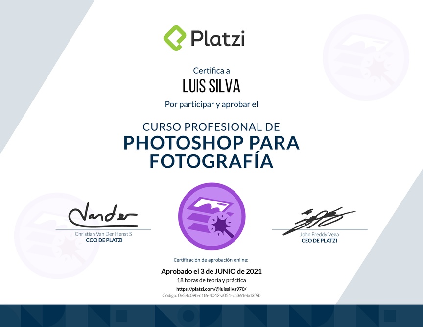 Diploma del Curso de edición de fotografías con Photoshop