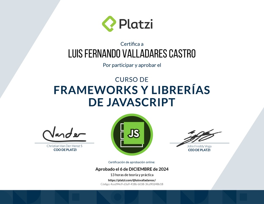 Diploma del Curso de Frameworks y Librerías de JavaScript