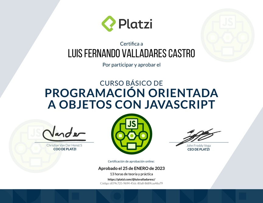 Diploma del Curso Básico de Programación Orientada a Objetos con JavaScript