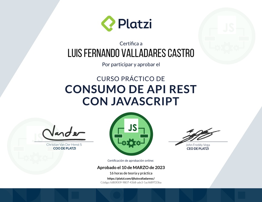 Diploma del Curso de API REST con Javascript: Ejemplos con APIs reales