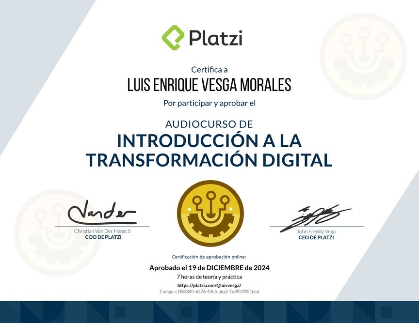 Diploma de Audiocurso de Transformacion Digital Inicial para Comprender, Identificar y Hacer Crecer tu Empresa