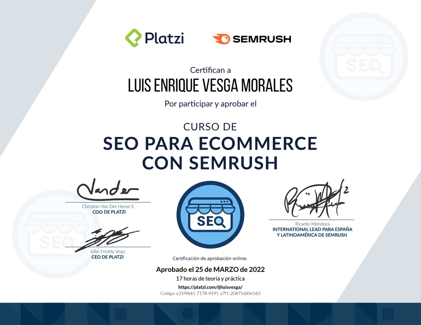 Diploma del Curso de SEO para E-Commerce con Semrush