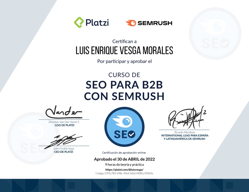 Diploma del Curso de SEO para B2B con Semrush