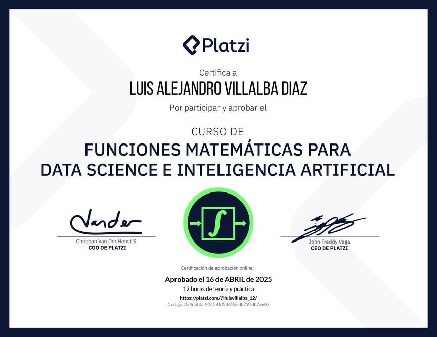 Diploma del Curso de Funciones Matemáticas para Data Science e Inteligencia Artificial