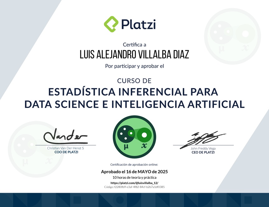 Diploma del Curso de Estadística Inferencial para Data Science e Inteligencia Artificial