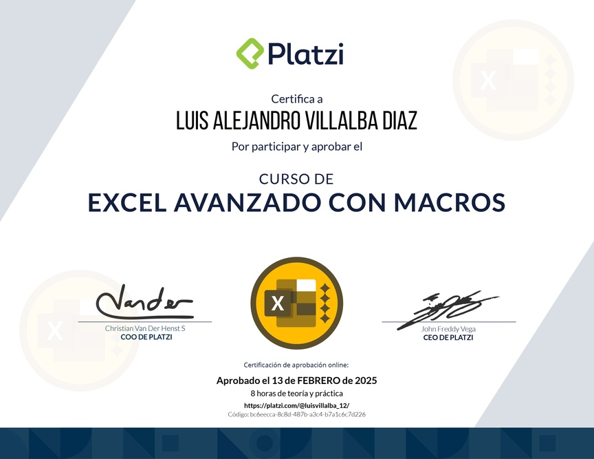 Diploma del Curso de Excel Avanzado con Macros