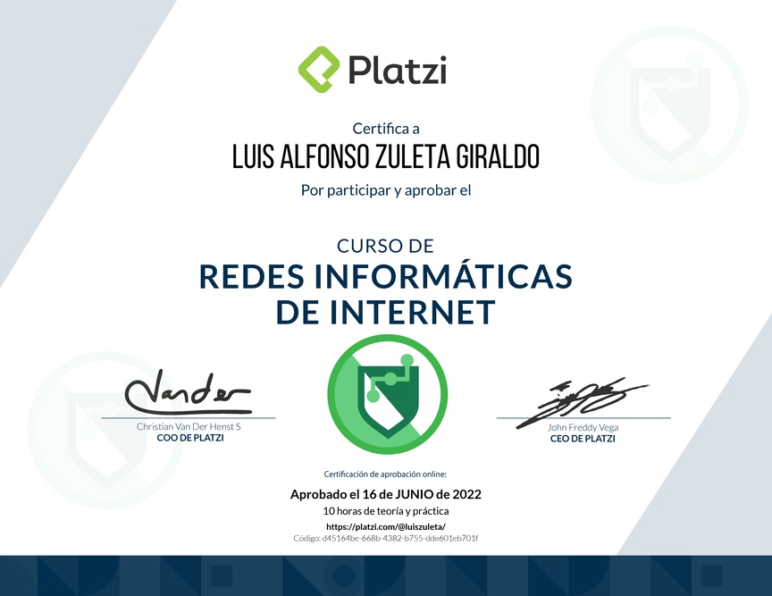 Diploma del Curso de Redes Informáticas de Internet