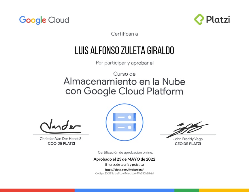 Diploma del Curso de Almacenamiento en la Nube con Google Cloud Platform