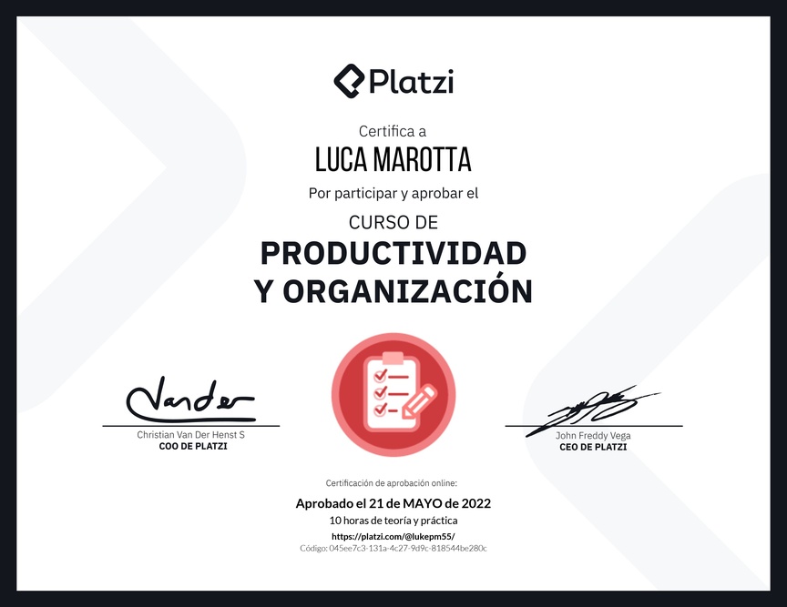 Diploma del Curso de Productividad y Organización
