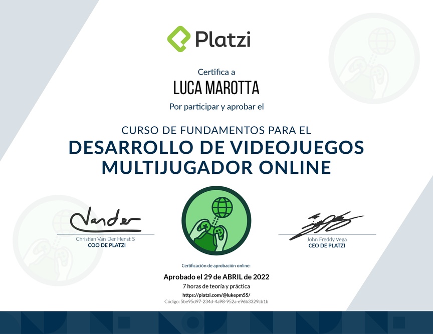 Diploma del Curso de Fundamentos del Desarrollo de Videojuegos Multijugador Online