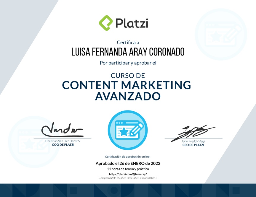 Diploma del Curso de Desarrollo de Estrategias de Content Marketing