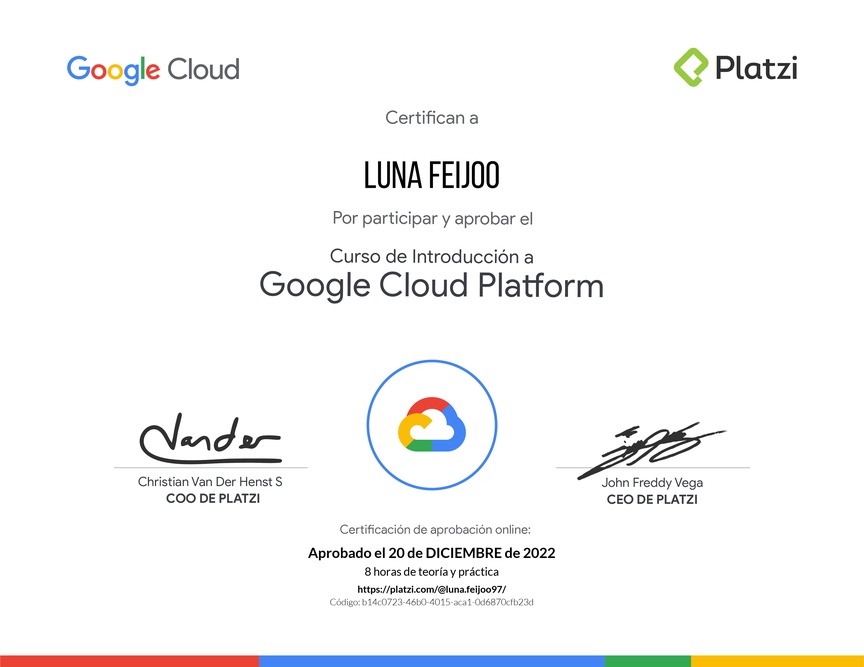 Diploma del Curso de Introducción a Google Cloud Platform