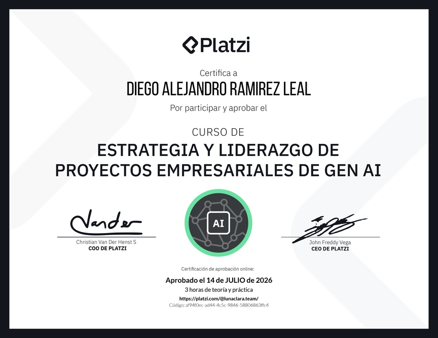 Diploma del Curso de Estrategia y Liderazgo de Proyectos Empresariales de Gen AI