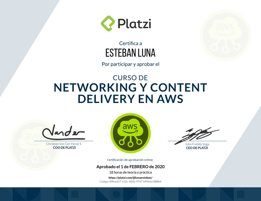 Diploma del Curso Práctico de Networking y Content Delivery en AWS