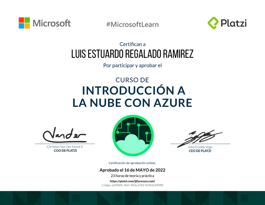 Diploma del Curso de Introducción a la Nube con Azure