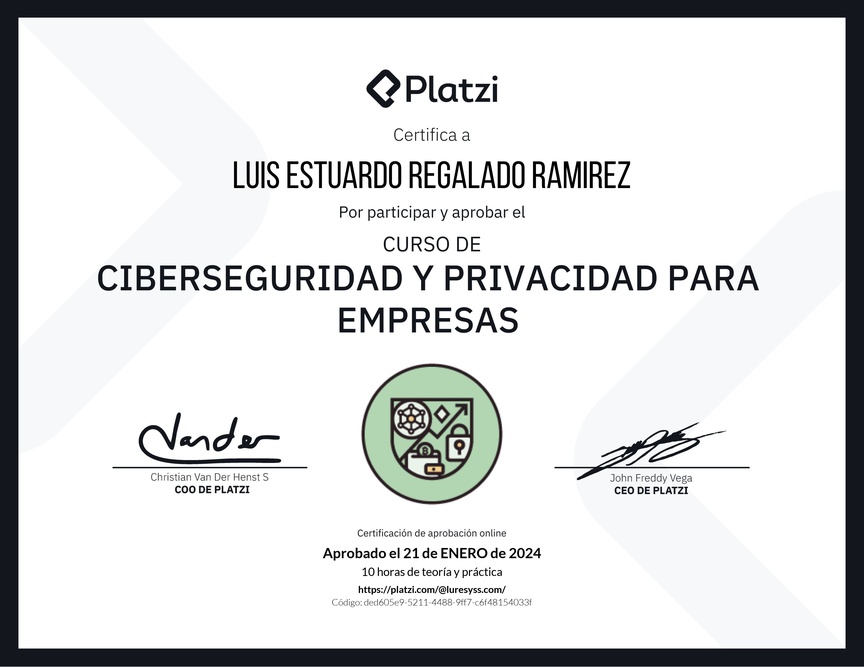 Diploma del Curso de Ciberseguridad y Privacidad Empresarial (2023)