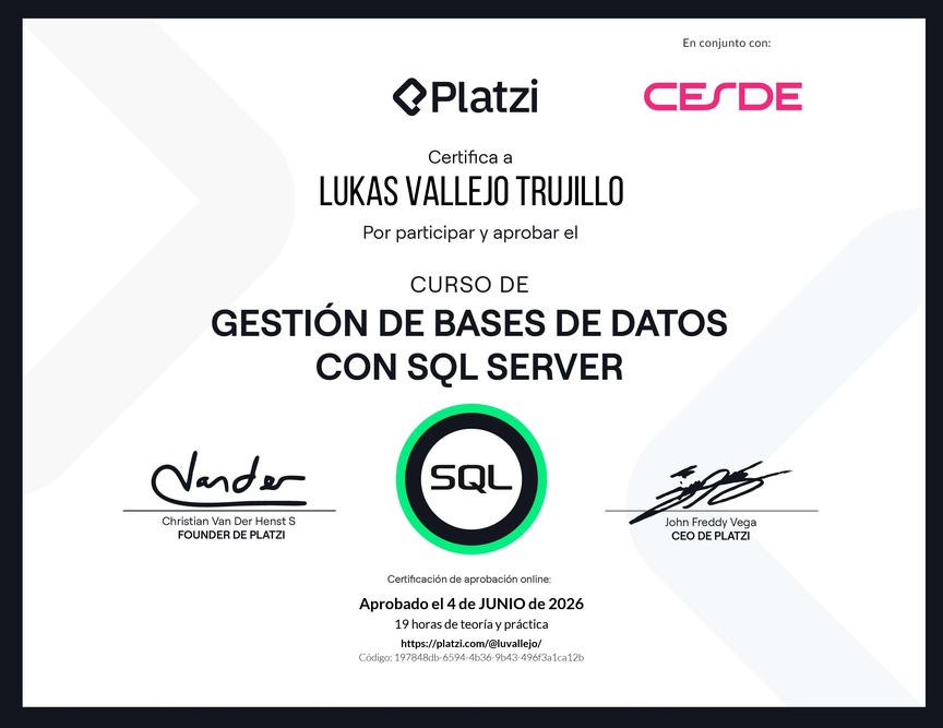 Diploma del Curso de Gestión de Bases de Datos con SQL Server