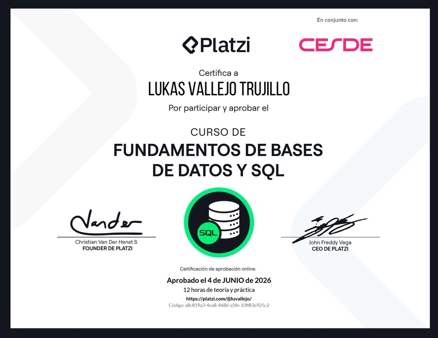 Diploma del Curso de Fundamentos de Bases de Datos y SQL