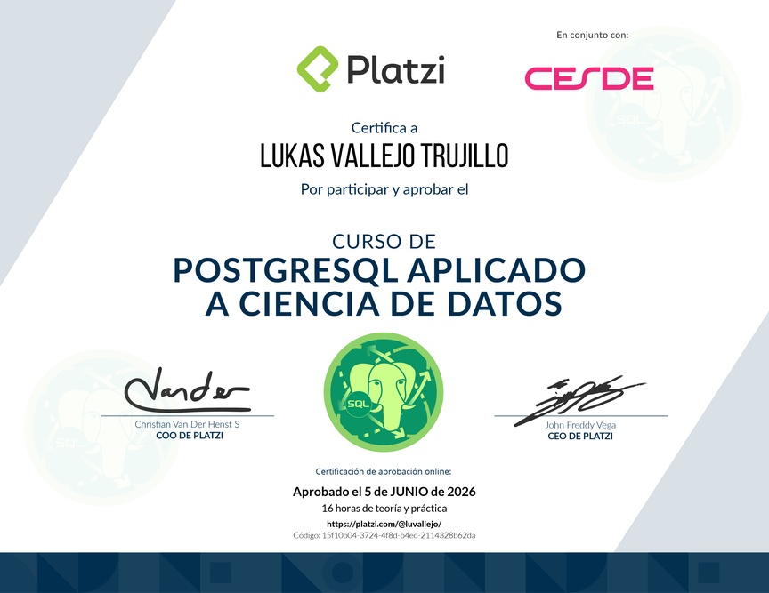 Diploma del Curso de PostgreSQL Aplicado a Ciencia de Datos
