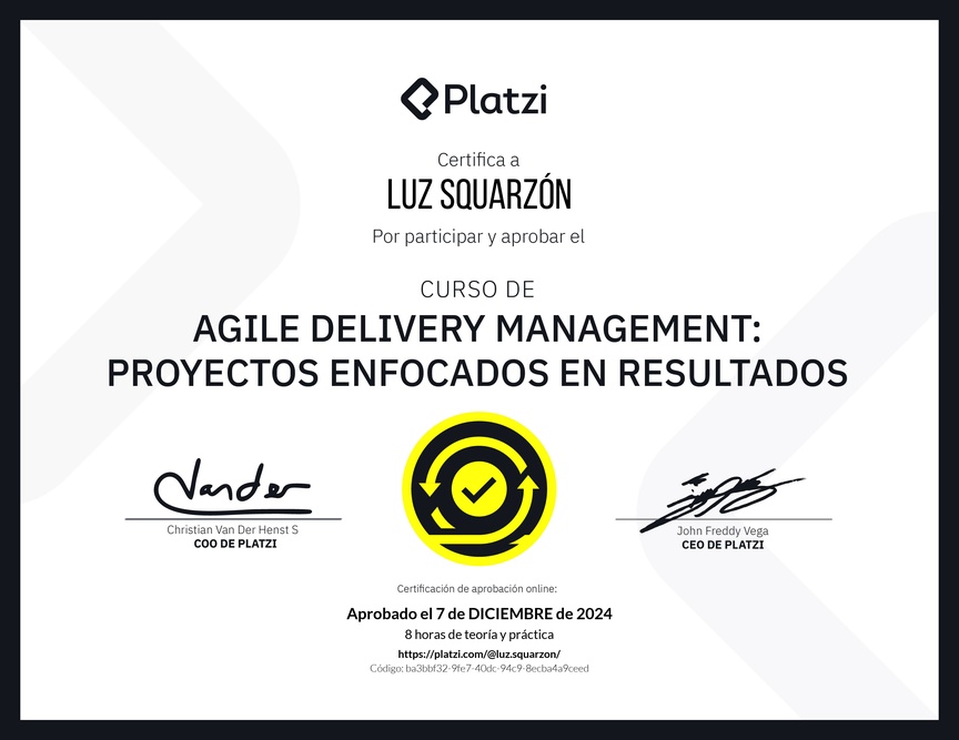Diploma del Curso de Agile Delivery Management: Proyectos Enfocados en Resultados
