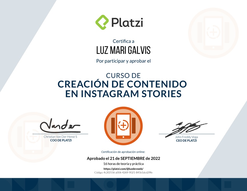 Diploma del Curso de Diseño y Edición de Instagram Stories