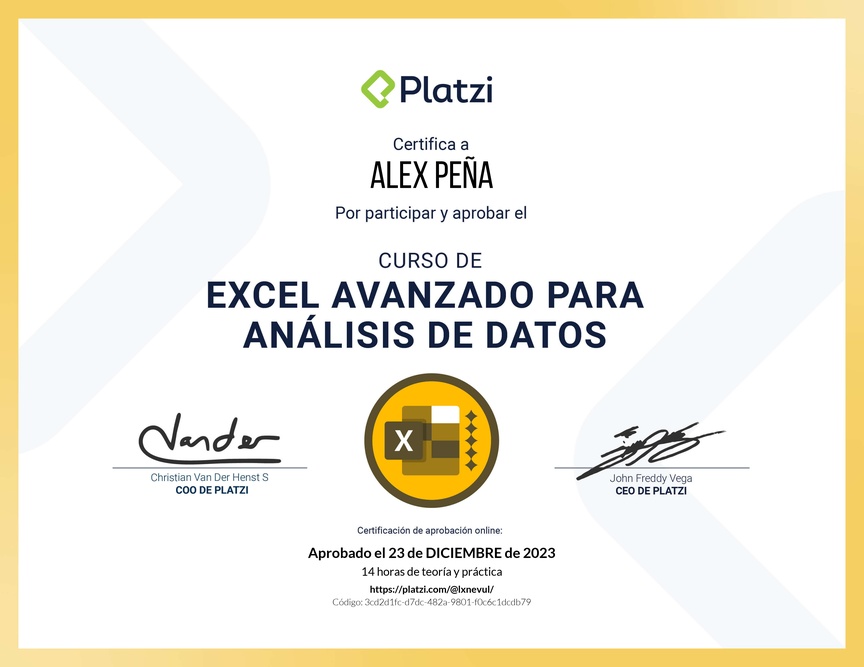 Diploma del Curso de Excel Avanzado para Análisis de Datos