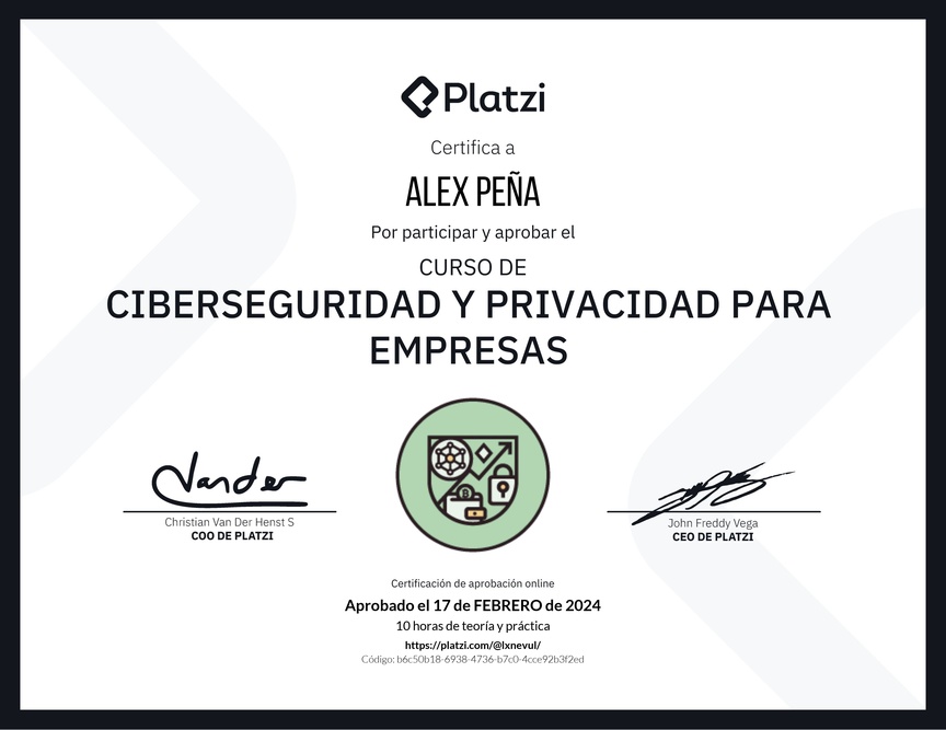 Diploma del Curso de Ciberseguridad y Privacidad Empresarial (2023)