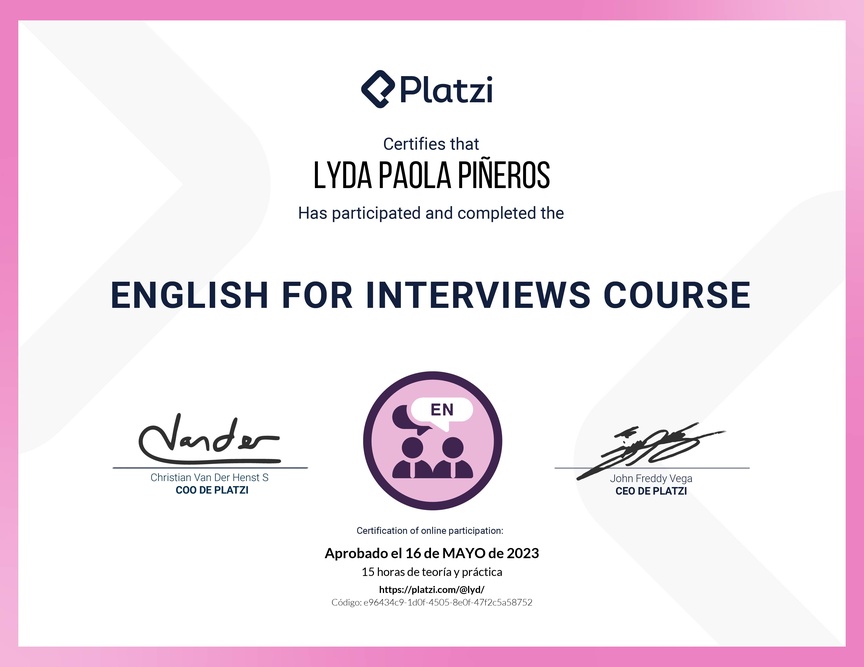 Diploma del Curso para Entrevistas de Trabajo en Inglés (2020)